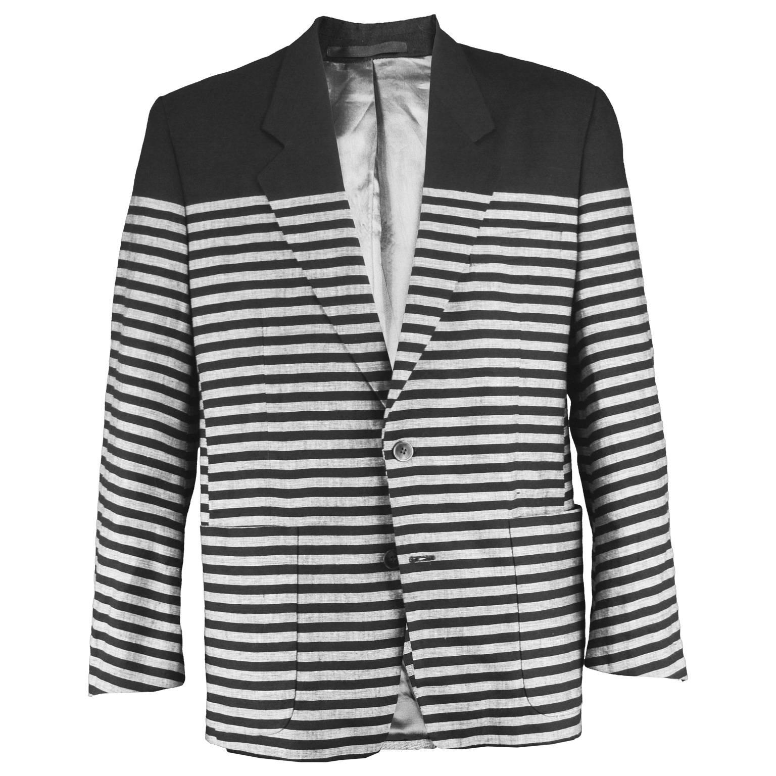 Kenzo Homme Vintage 1980's Linen & Wool Black & Gray Striped Men's Blazer Jacket
