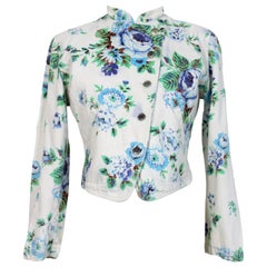 Vintage Kenzo Jeans Blue Beige Cotton Denim Floral Short Jacket 