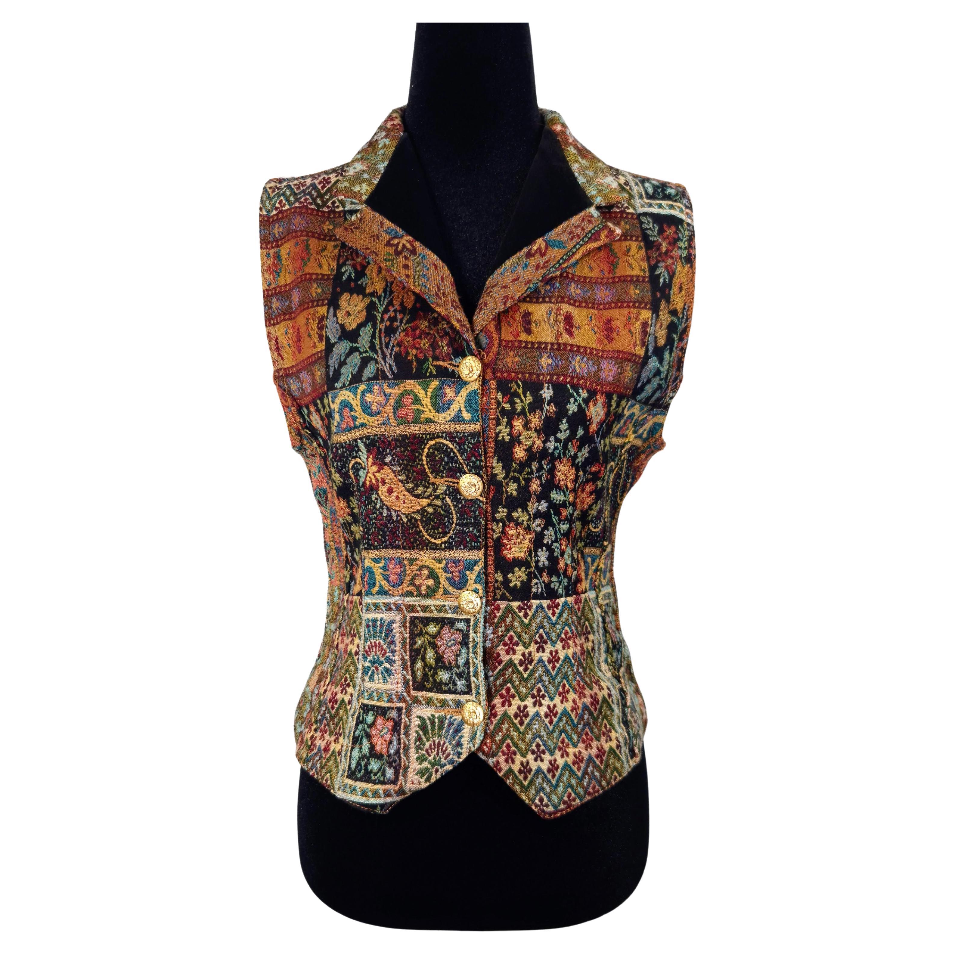 Kenzo Jeans vest with vintage boho pattern early 1980s
