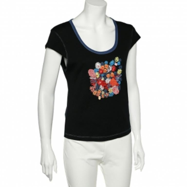 Noir Kenzo Jeans T-shirt à col dégagé en tricot de coton brodé bleu nuit XL en vente