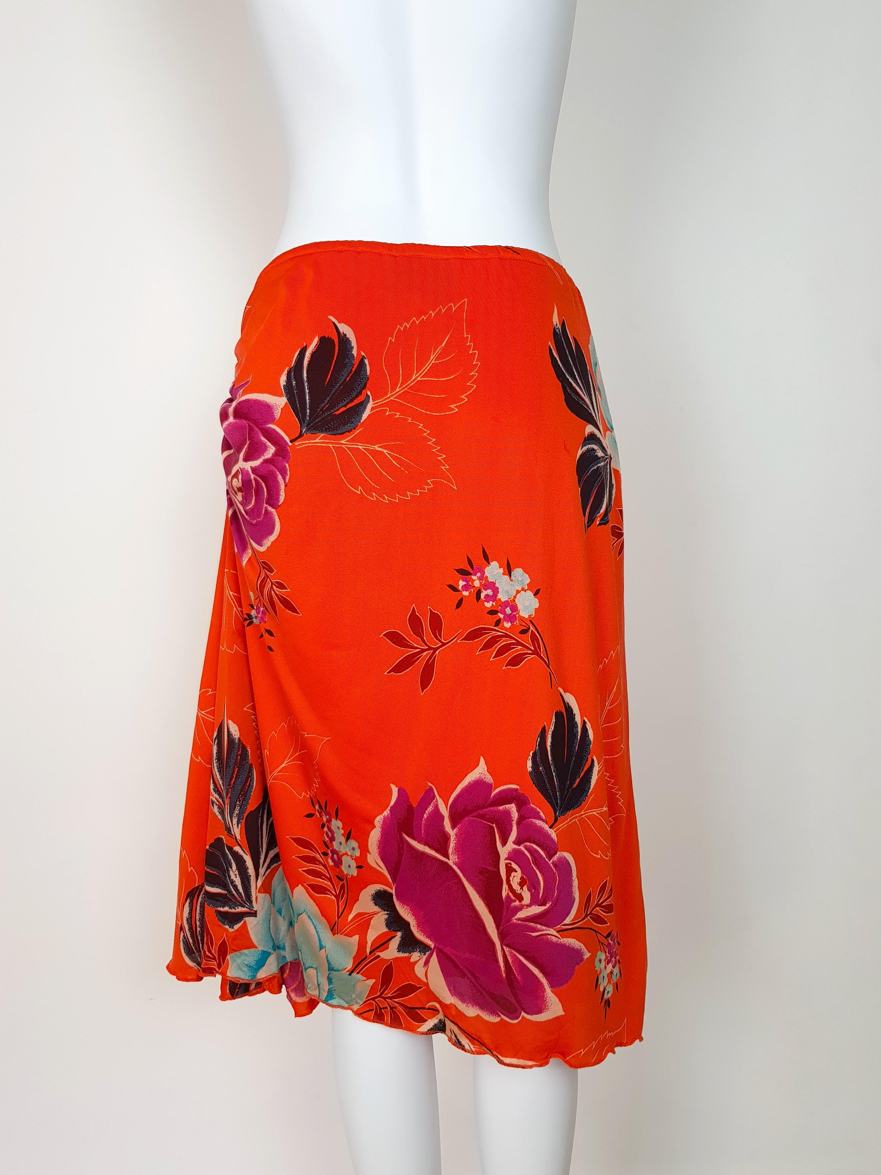 Red KENZO JEAN'S Peonies asymmetric ruffle 100% silk knit Skirt, late 1990s