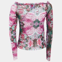 Kenzo Jeans Pink Floral Print Knit Ruffled Neck Top XL