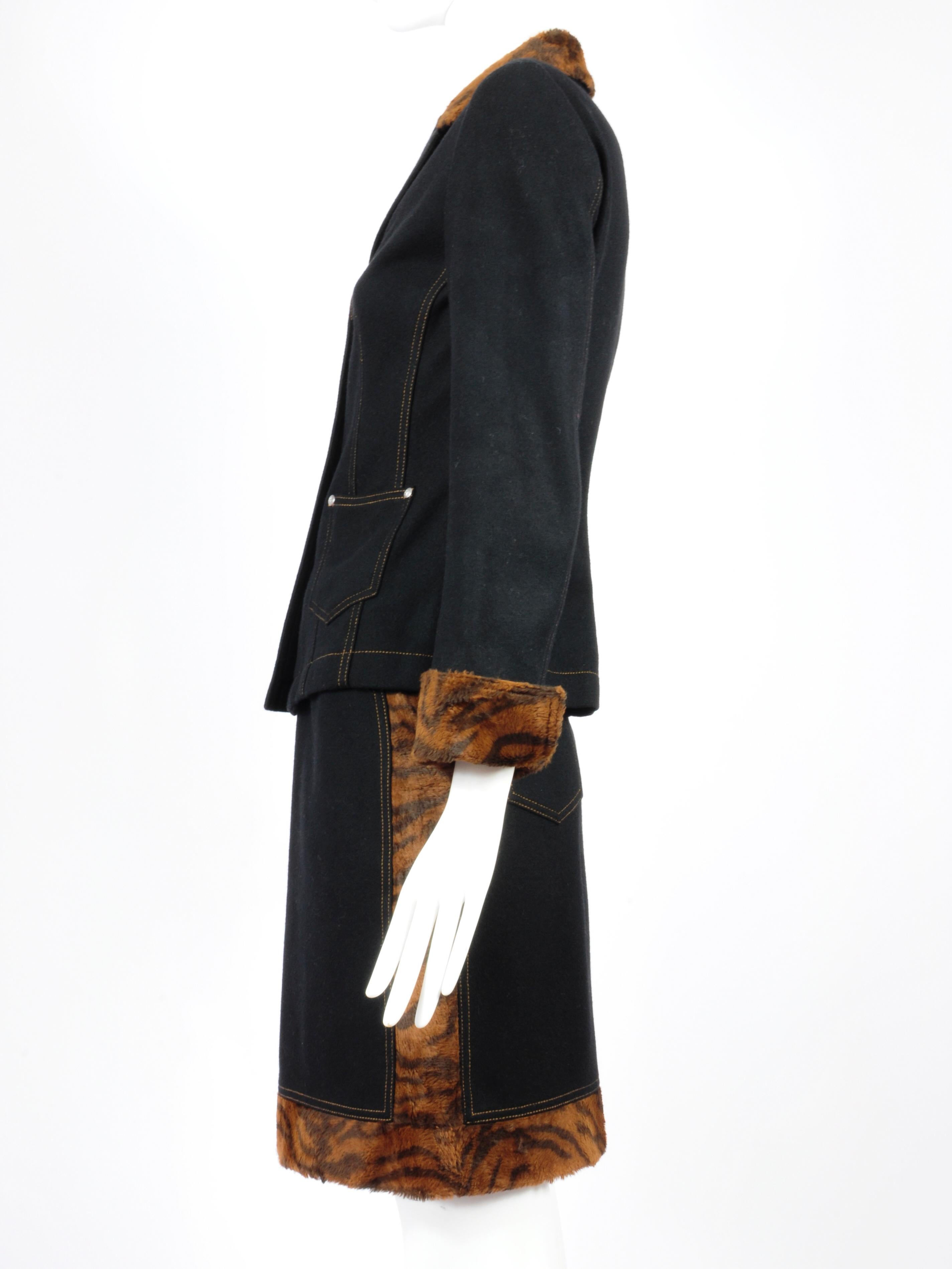 Kenzo Jeans Rockanzug aus Wolle mit Tigerdetails aus Kunstpelz, 1990er Jahre  im Zustand „Relativ gut“ im Angebot in AMSTERDAM, NL