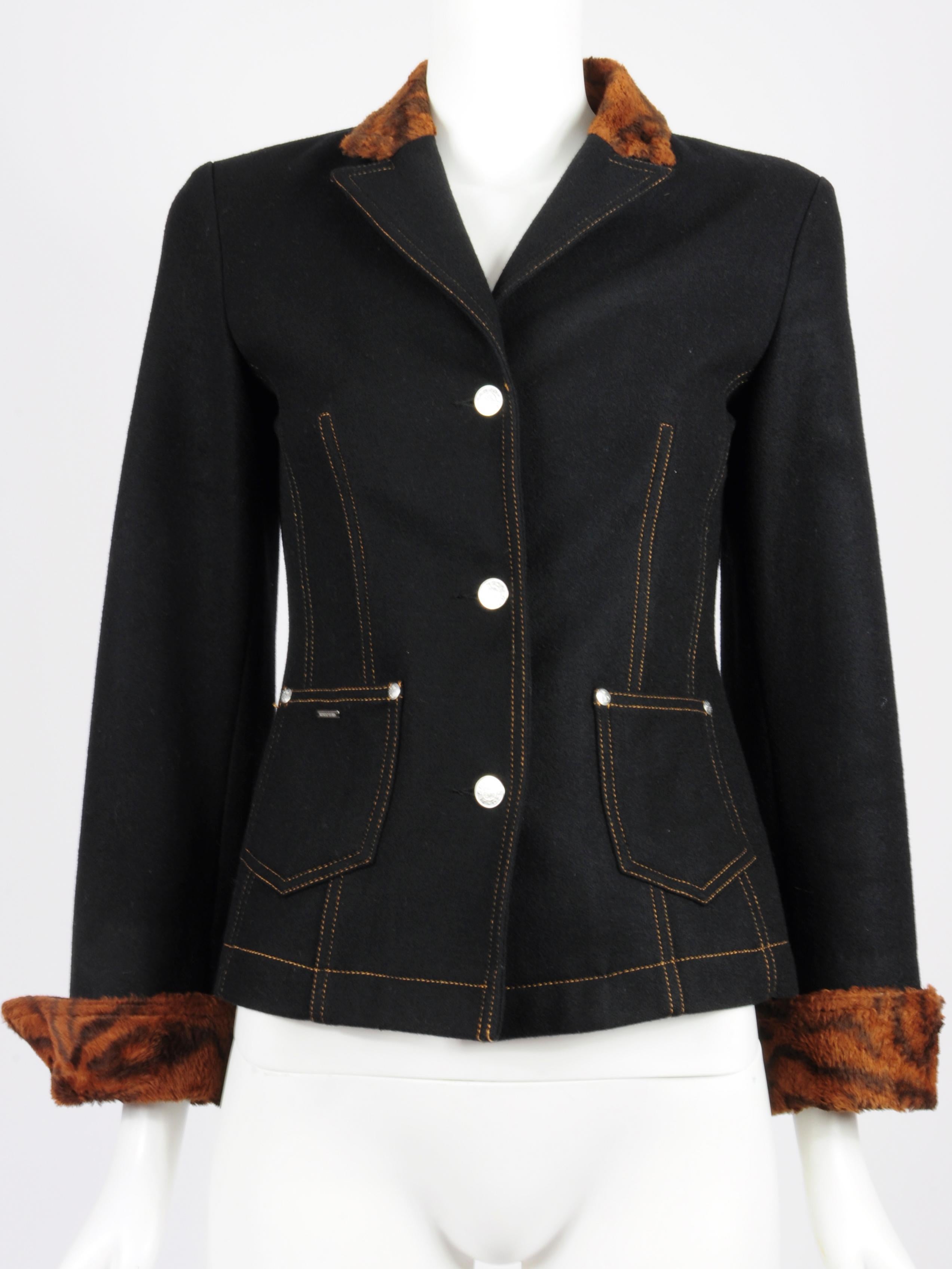 Kenzo Jeans Wool Skirt Suit with Faux Fur Tiger Details 1990s For Sale 1