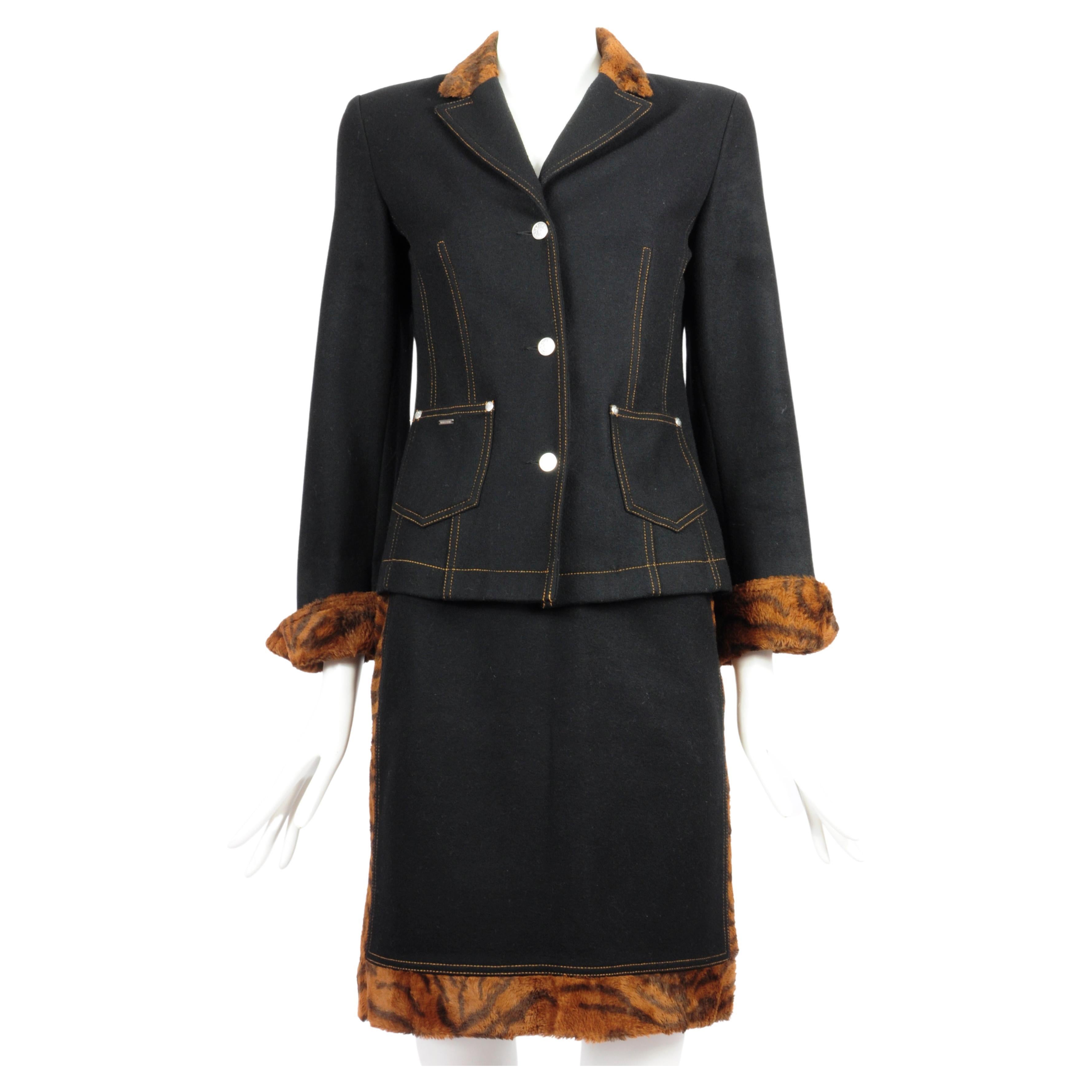 Kenzo Jeans Wool Skirt Suit with Faux Fur Tiger Details 1990s 