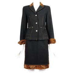 Kenzo Jeans Wool Skirt Suit with Faux Fur Tiger Details 1990s 