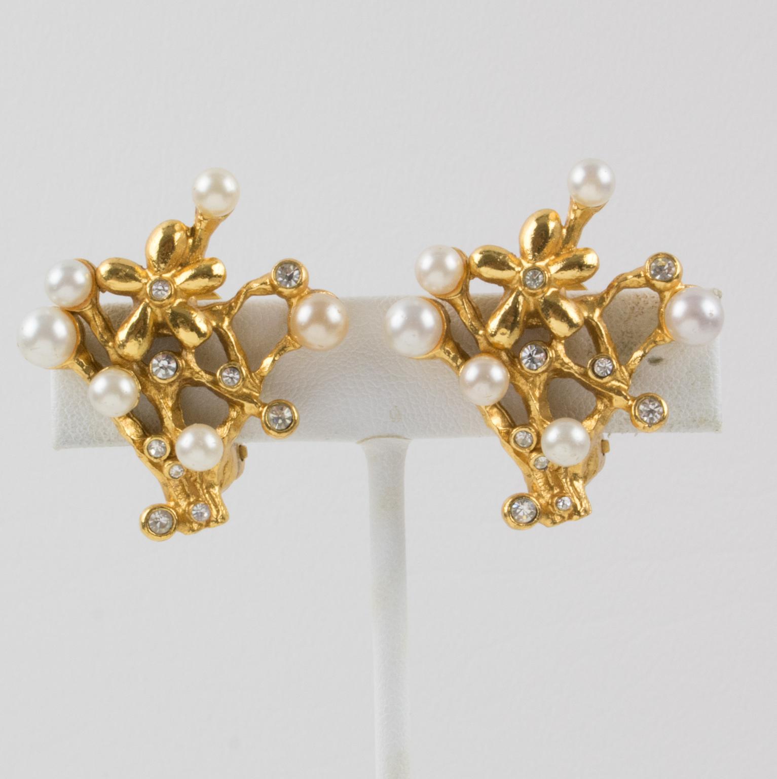 Romantic Kenzo Jeweled Clip Earrings with Floral Pearls For Sale