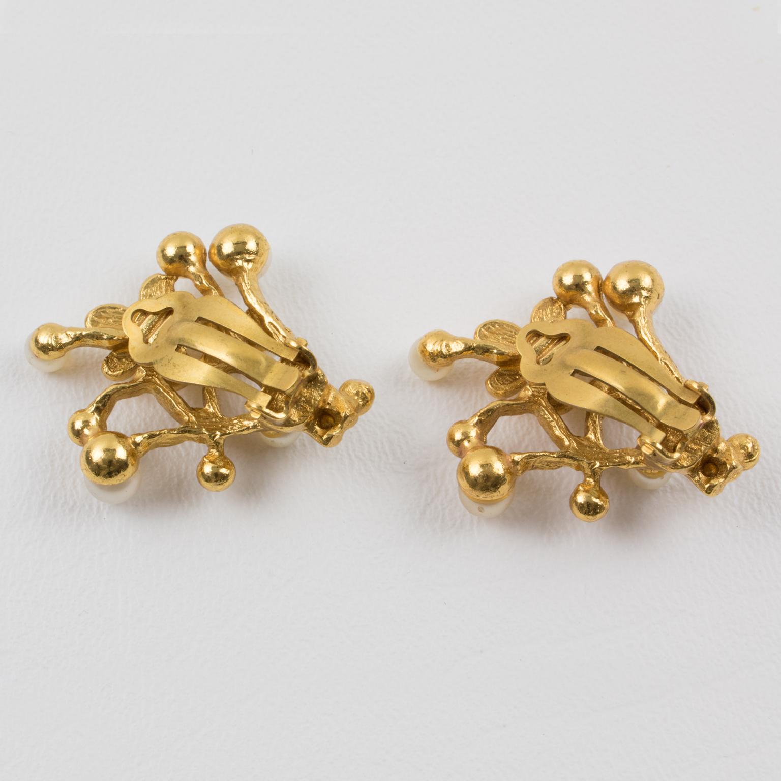 Kenzo Jeweled Clip Earrings with Floral Pearls In Excellent Condition For Sale In Atlanta, GA