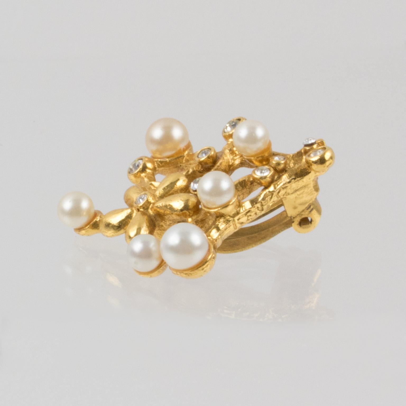 Kenzo Jeweled Clip Earrings with Floral Pearls In Excellent Condition For Sale In Atlanta, GA