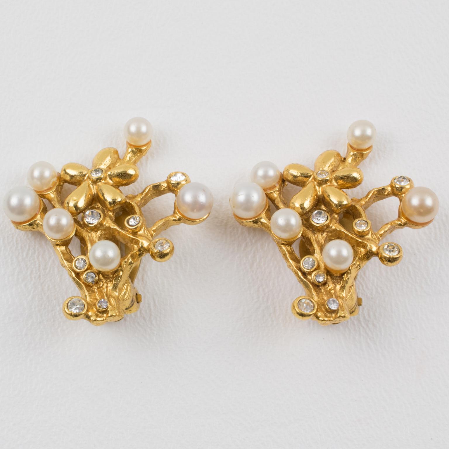 Kenzo Jeweled Clip Earrings with Floral Pearls For Sale 3