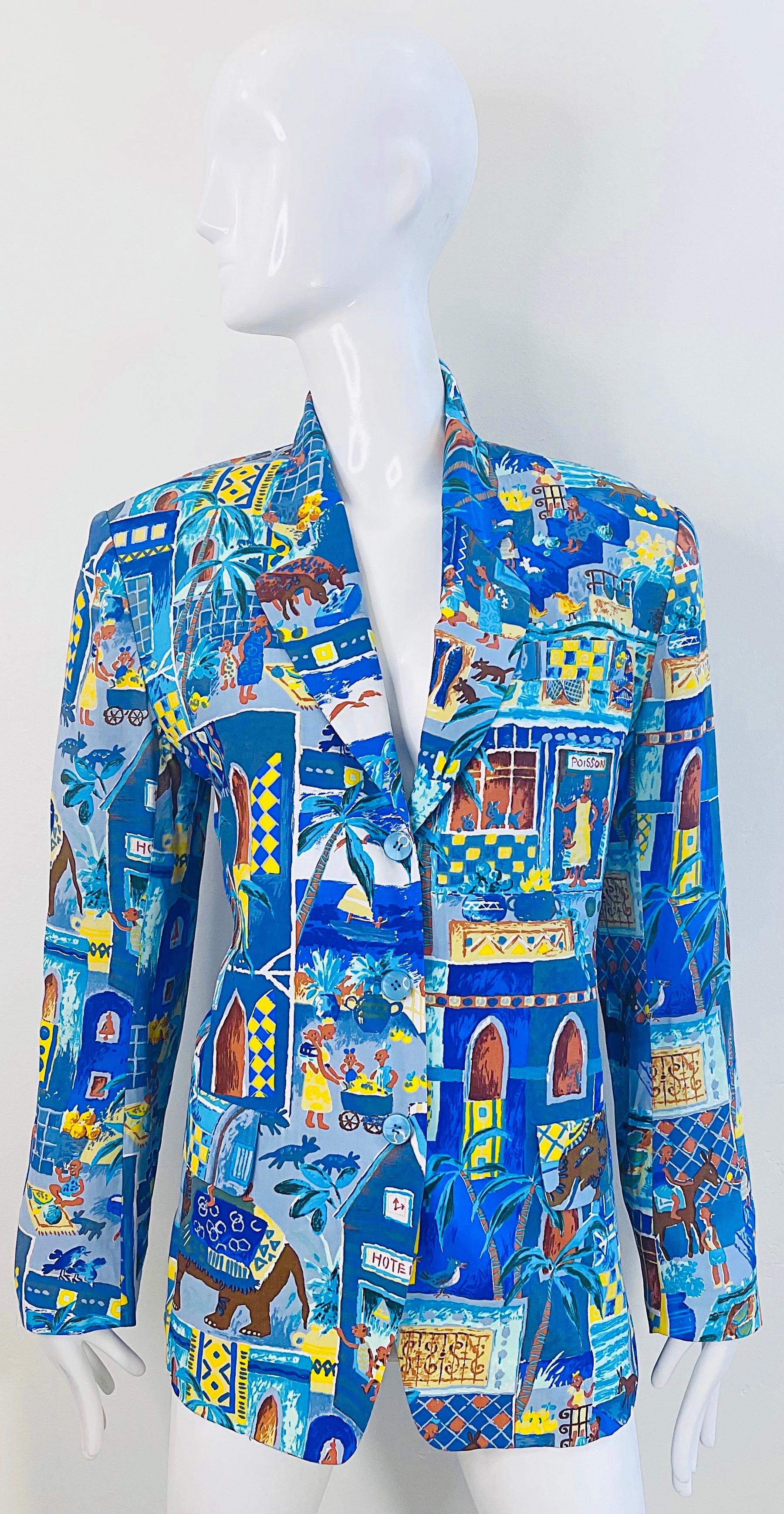 Kenzo Jungle 1990s Size 40 / 8 Blue Multicolor Vintage 90s Novelty Print Blazer  In Excellent Condition For Sale In San Diego, CA