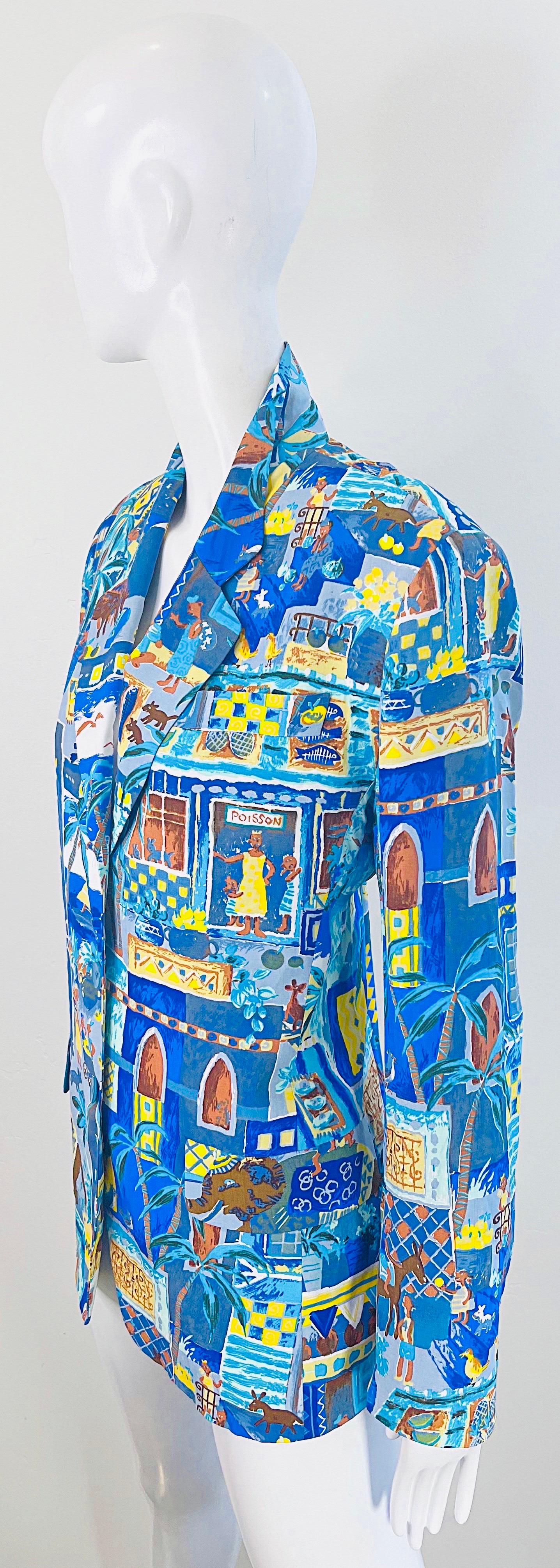 Kenzo Jungle 1990s Size 40 / 8 Blue Multicolor Vintage 90s Novelty Print Blazer  For Sale 3