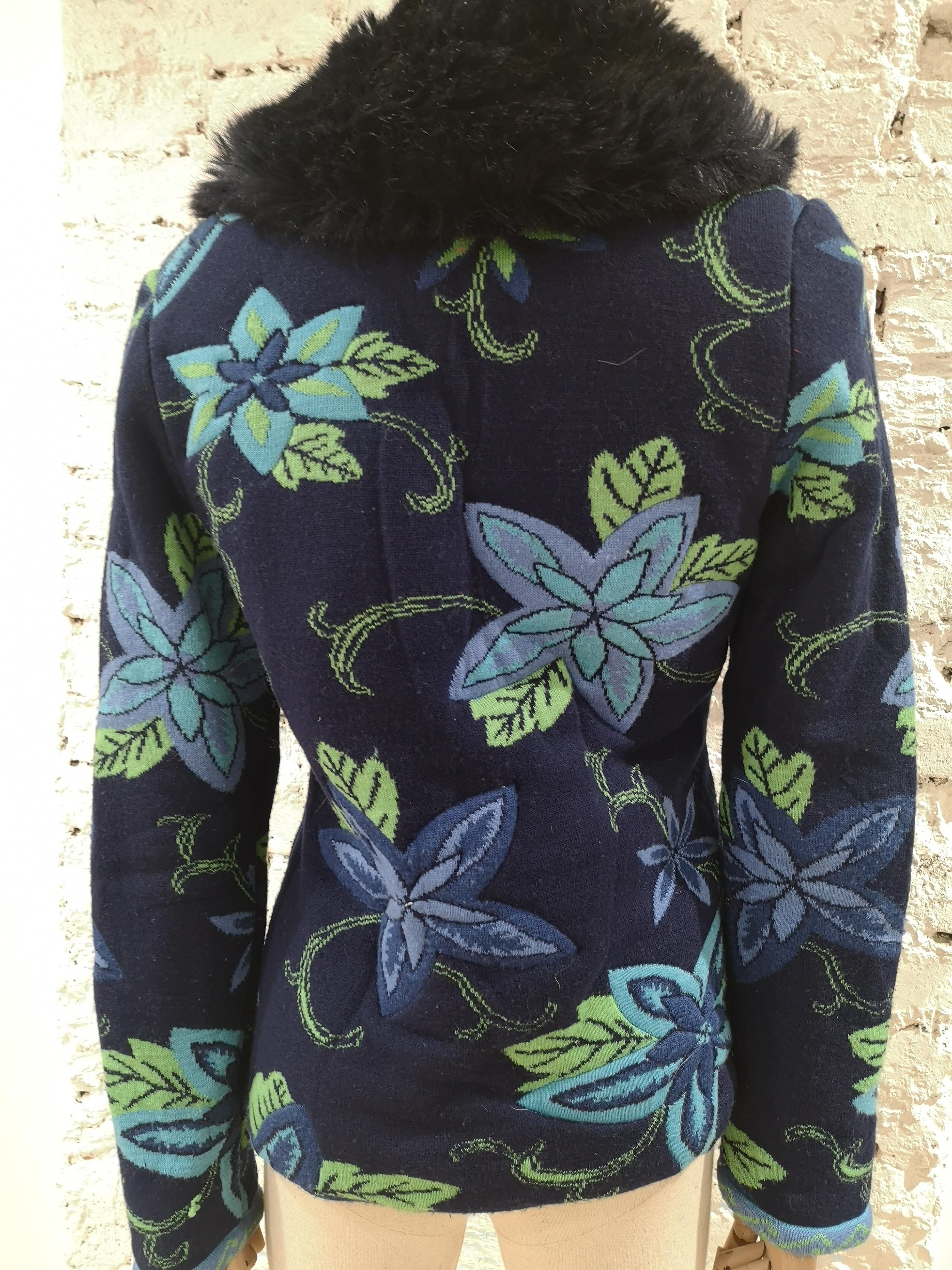 Kenzo - Veste / cardigan en laine à feuilles bleu jungle en vente 2