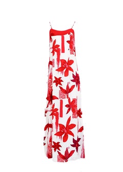 Kenzo Jungle Vestito floreale rosso e bianco con spalline di perline