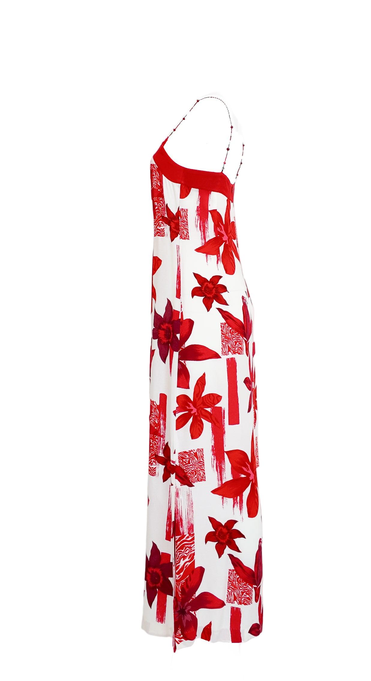 Kenzo Jungle Rot-weißes geblümtes Kleid mit perlenbesetzten Trägern (Beige) im Angebot