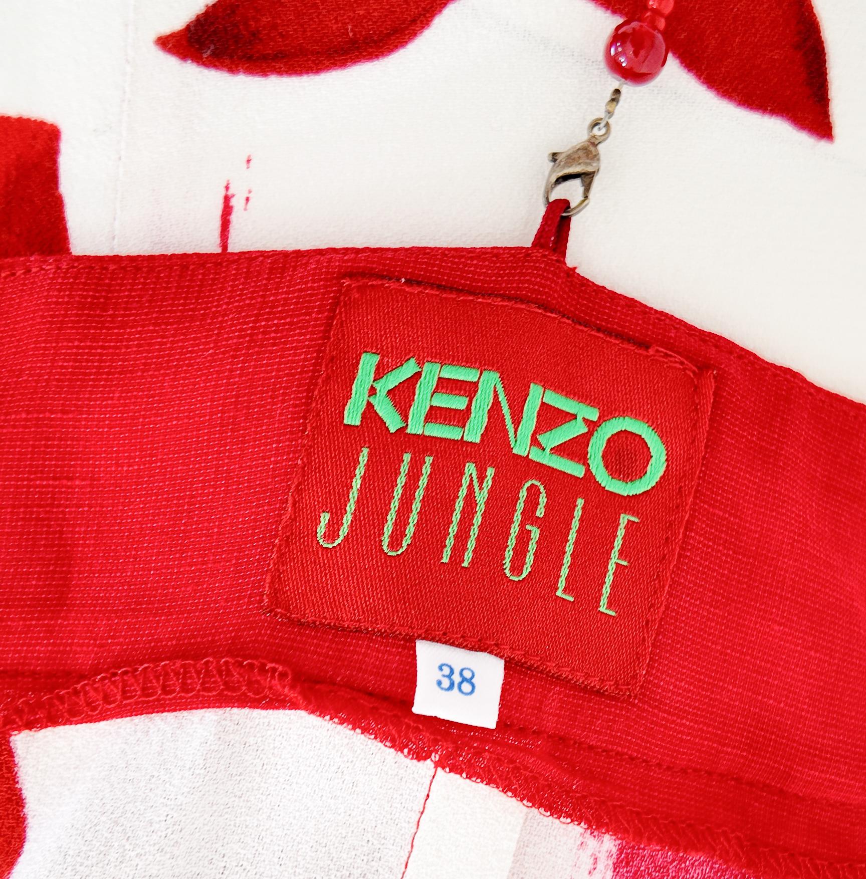 Kenzo Jungle Rot-weißes geblümtes Kleid mit perlenbesetzten Trägern im Angebot 1