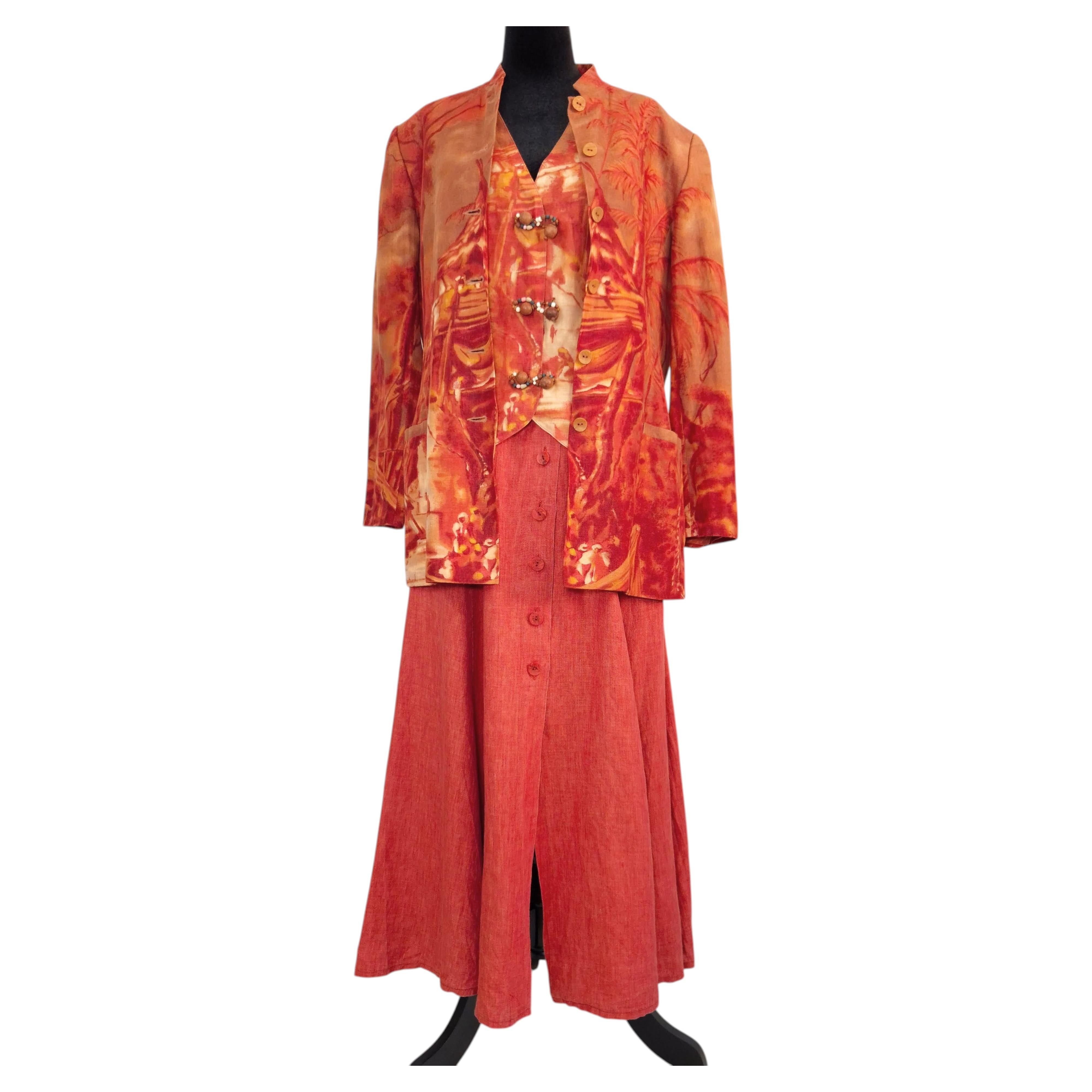 Kenzo Jungle linen suit: jacket, vest, and skirt, vintage 1990s For Sale