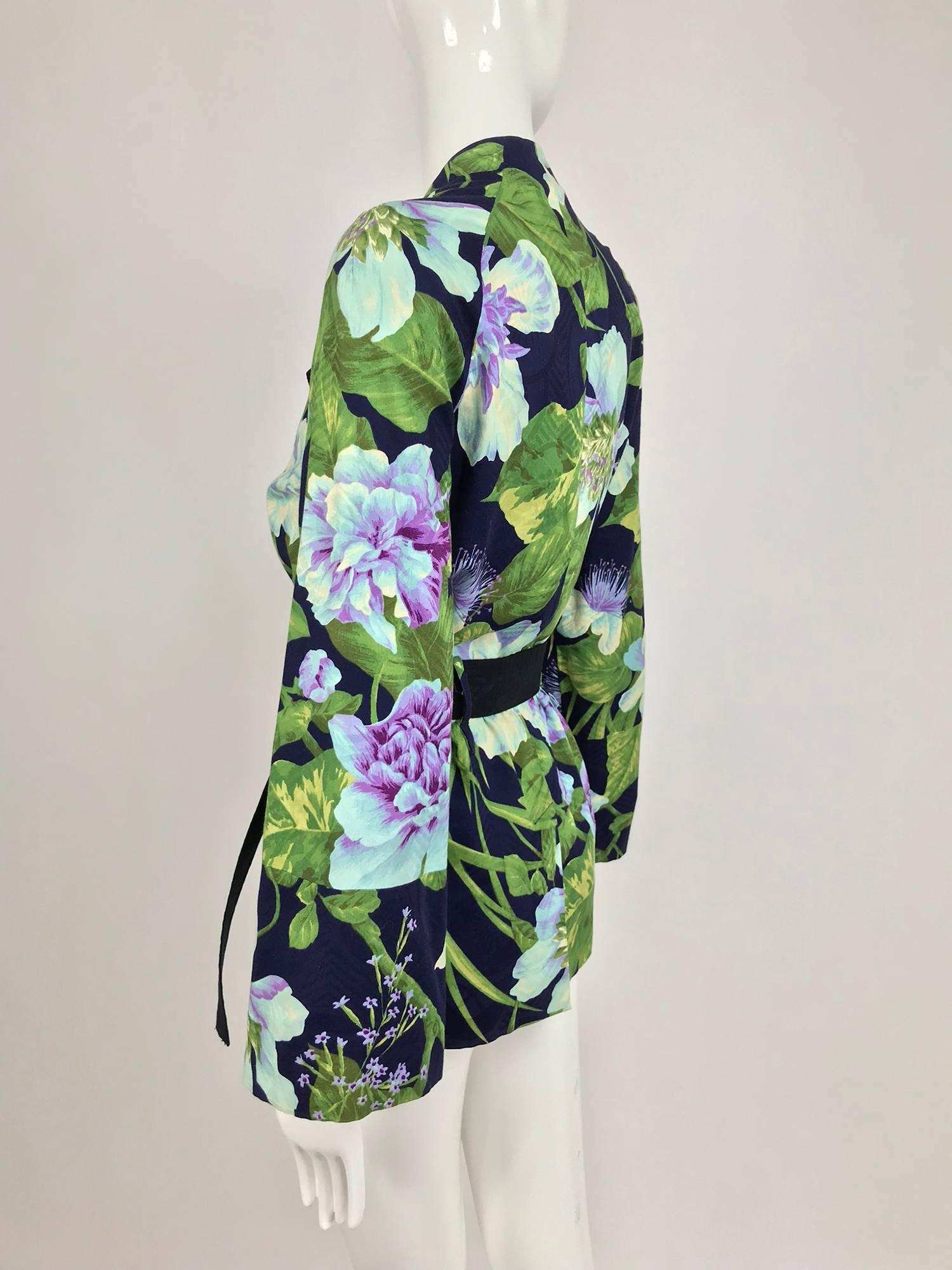 Black Kenzo Jungle tropical cotton print wrap jacket, 1980s For Sale