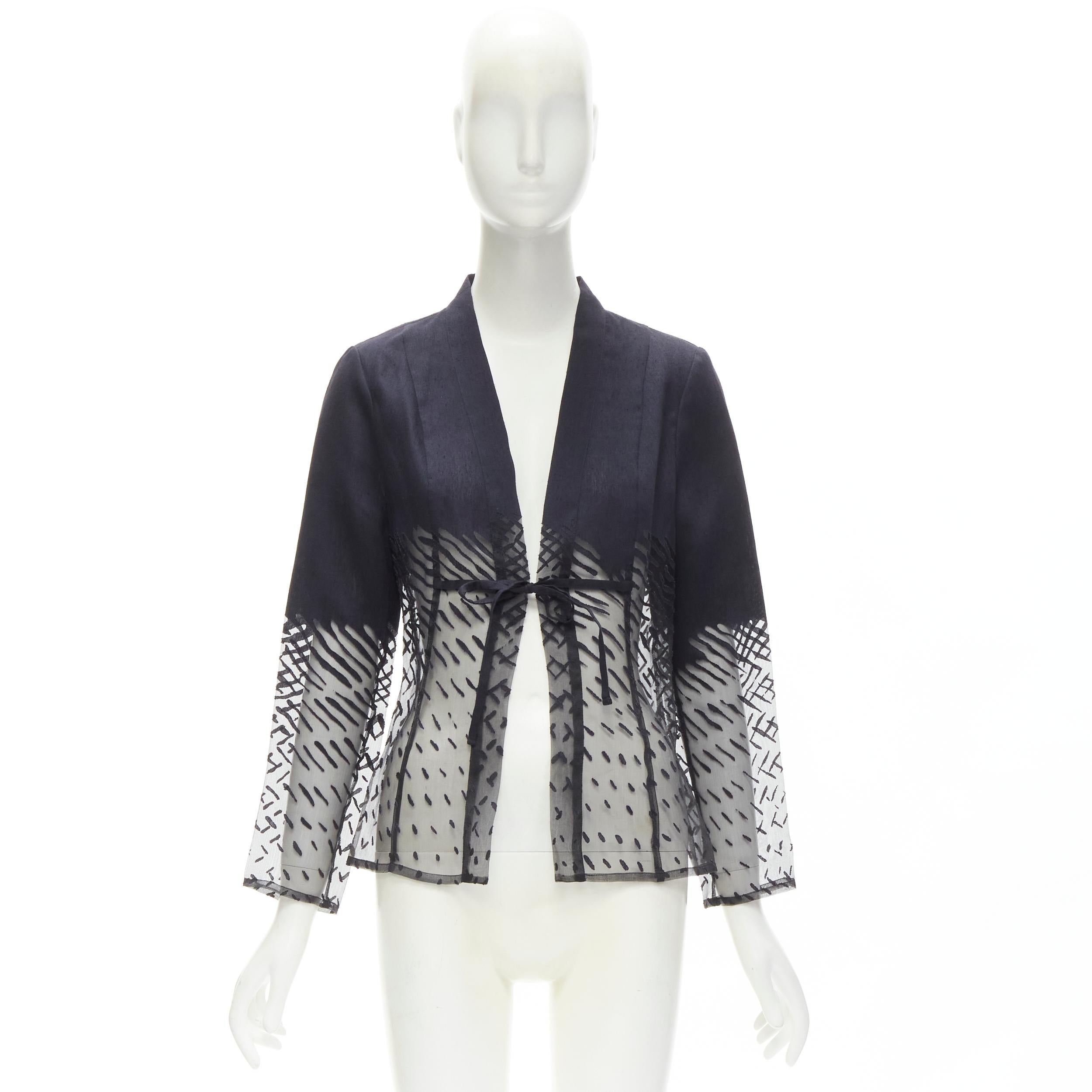 KENZO JUNGLE Vintage black linen sheer degrade damask kimono jacket FR38 S For Sale 6