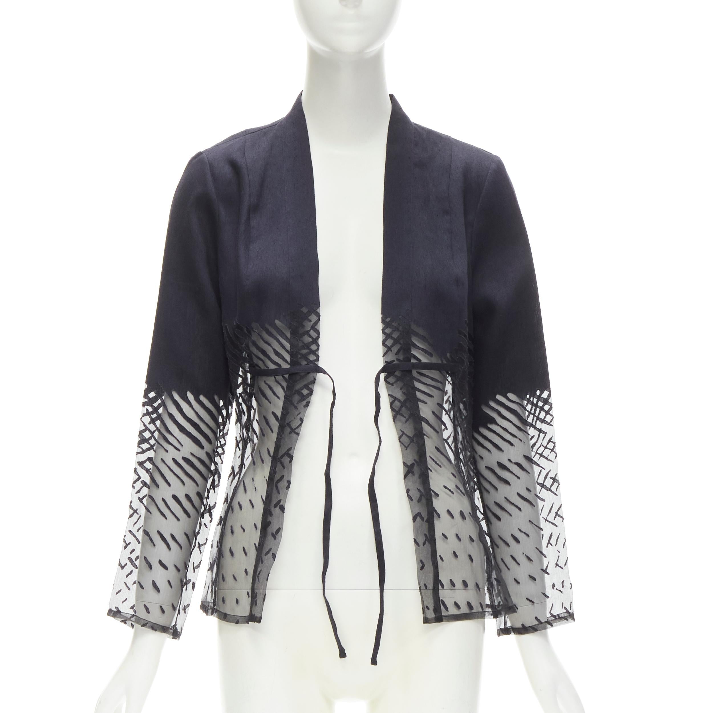 Black KENZO JUNGLE Vintage black linen sheer degrade damask kimono jacket FR38 S For Sale