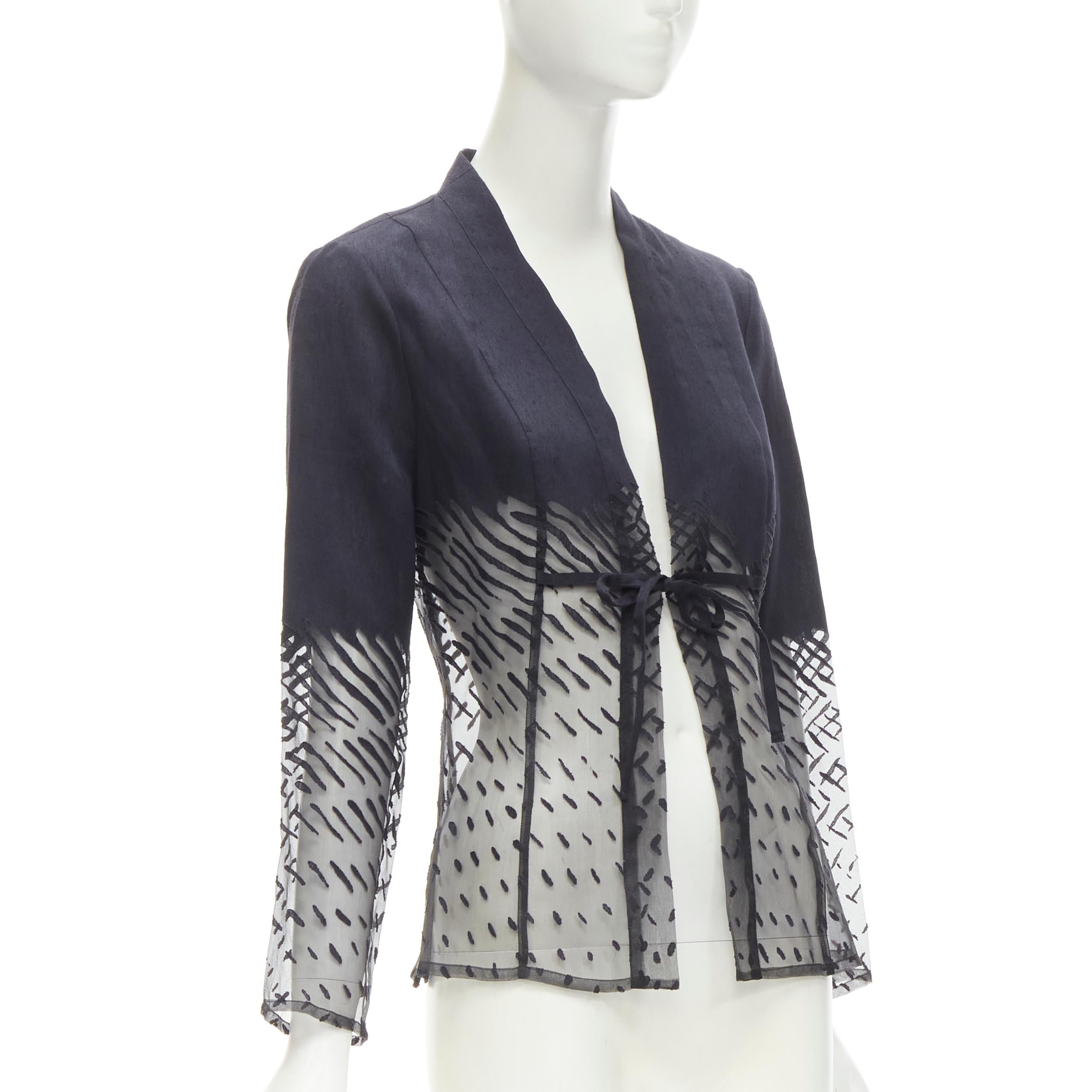KENZO JUNGLE Vintage black linen sheer degrade damask kimono jacket FR38 S In Excellent Condition For Sale In Hong Kong, NT