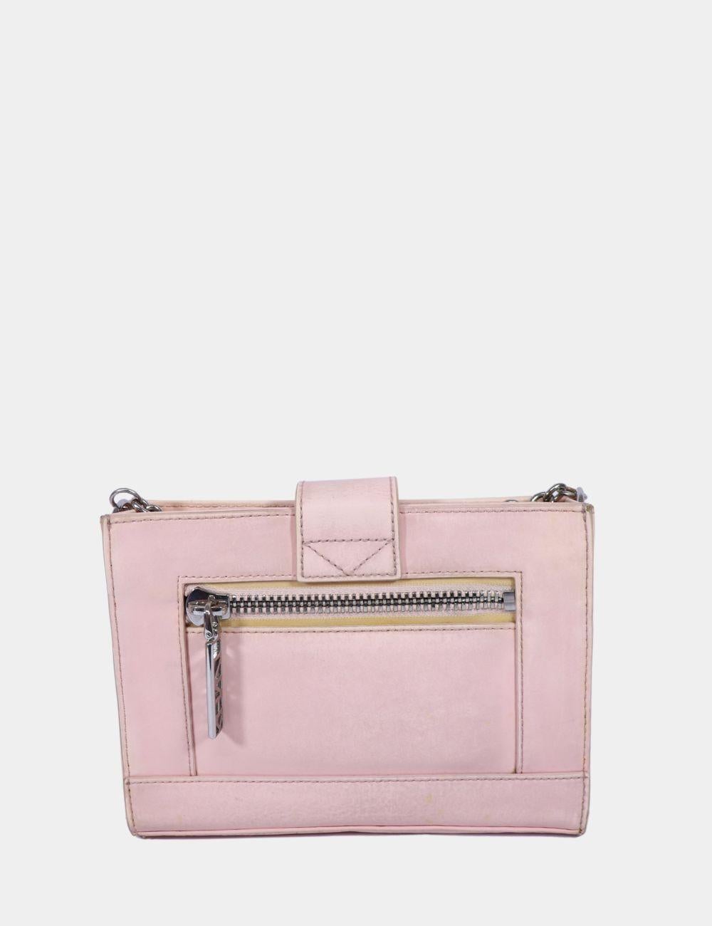 Add a rebellious twist to feminine style with this Kenzo Kalifornia Crossbody Bag in soft blush pink leather. Featuring signature diagonal zip accents inspired by biker jackets and a bold silver-tone chain strap, this statement bag blends Parisian