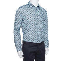 Kenzo Light Blue Fish Print Cotton Long Sleeve Slim Fit Shirt XL