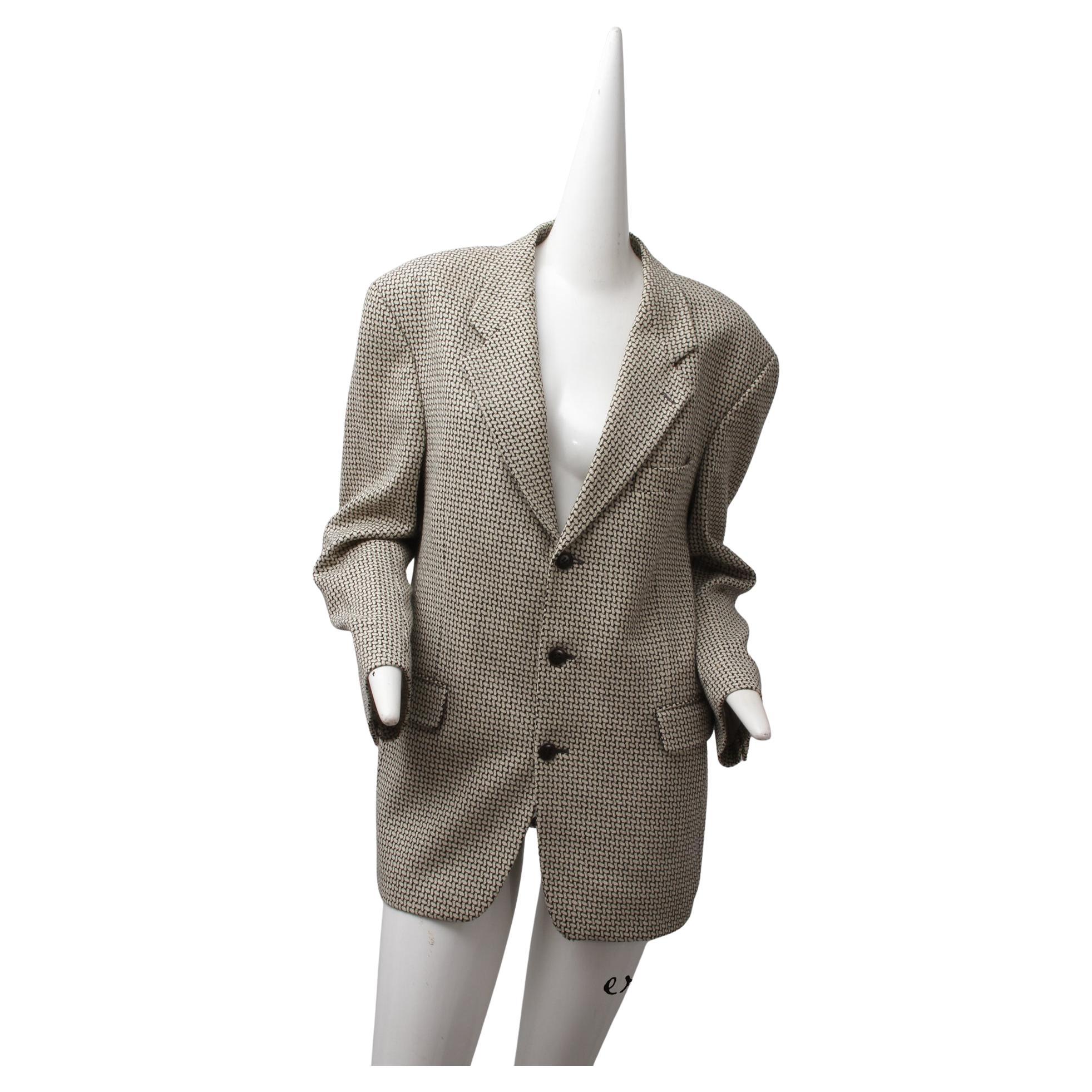 KENZO, Made In France, Blazer de lana con estampado cruzado abstracto en blanco y negro en venta