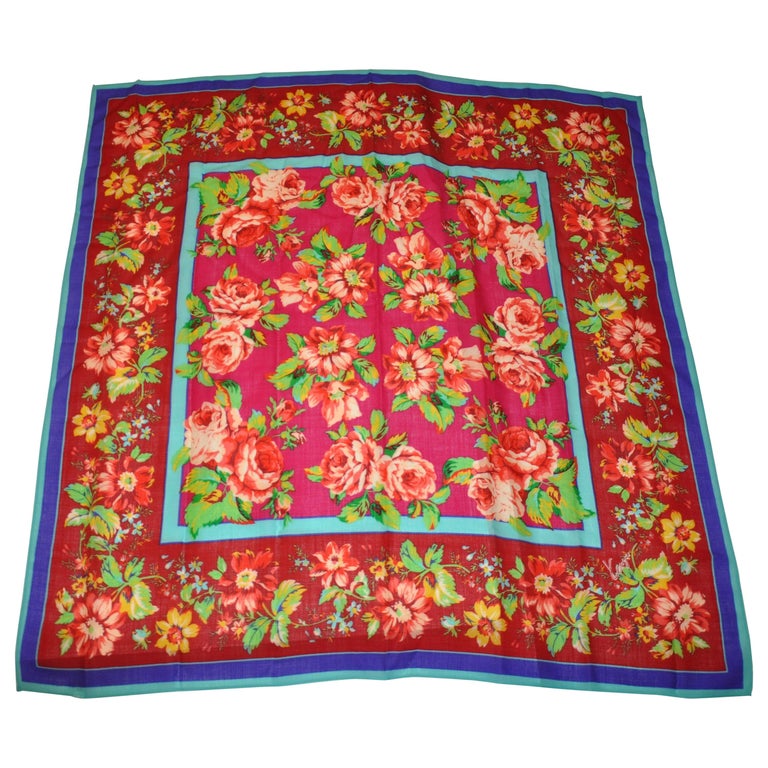 Kenzo Magnificent "Iconic Multi Color Floral" Print Wool Challis Shawl/Scarf  For Sale