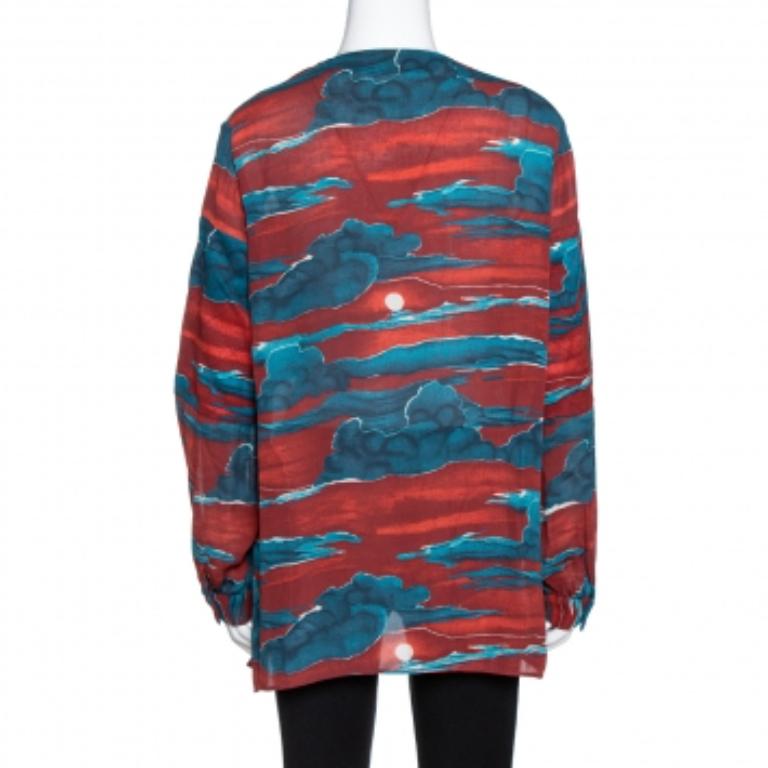 Women's Kenzo Maroon Cloud Print Chiffon Long Sleeve Blouse L For Sale