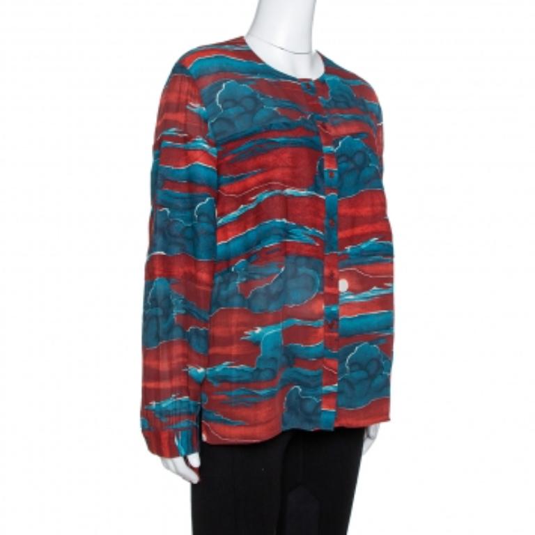 Kenzo Maroon Cloud Print Chiffon Long Sleeve Blouse L For Sale 1