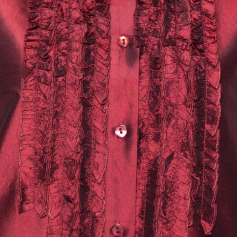 Brown Kenzo Maroon Silk Ruffled Detail Long Sleeve Blouse M For Sale