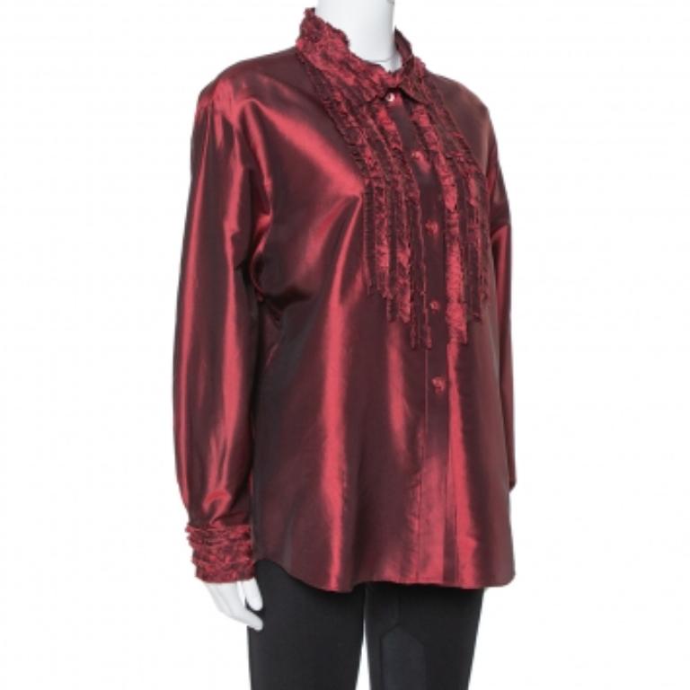Kenzo Maroon Silk Ruffled Detail Long Sleeve Blouse M In Good Condition For Sale In Dubai, Al Qouz 2