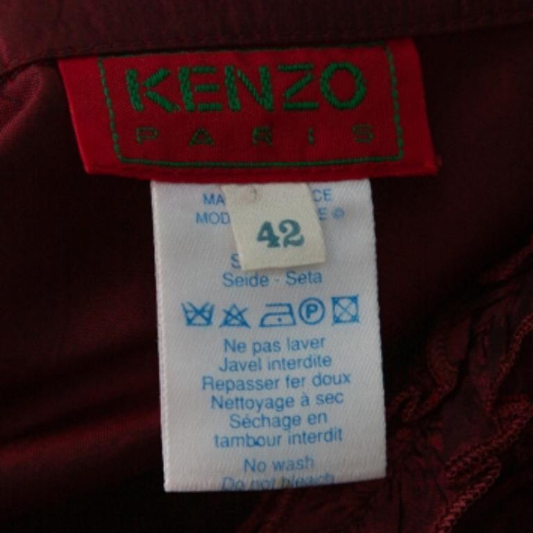 Women's Kenzo Maroon Silk Ruffled Detail Long Sleeve Blouse M For Sale