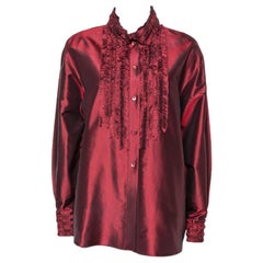Kenzo Maroon Silk Ruffled Detail Long Sleeve Blouse M