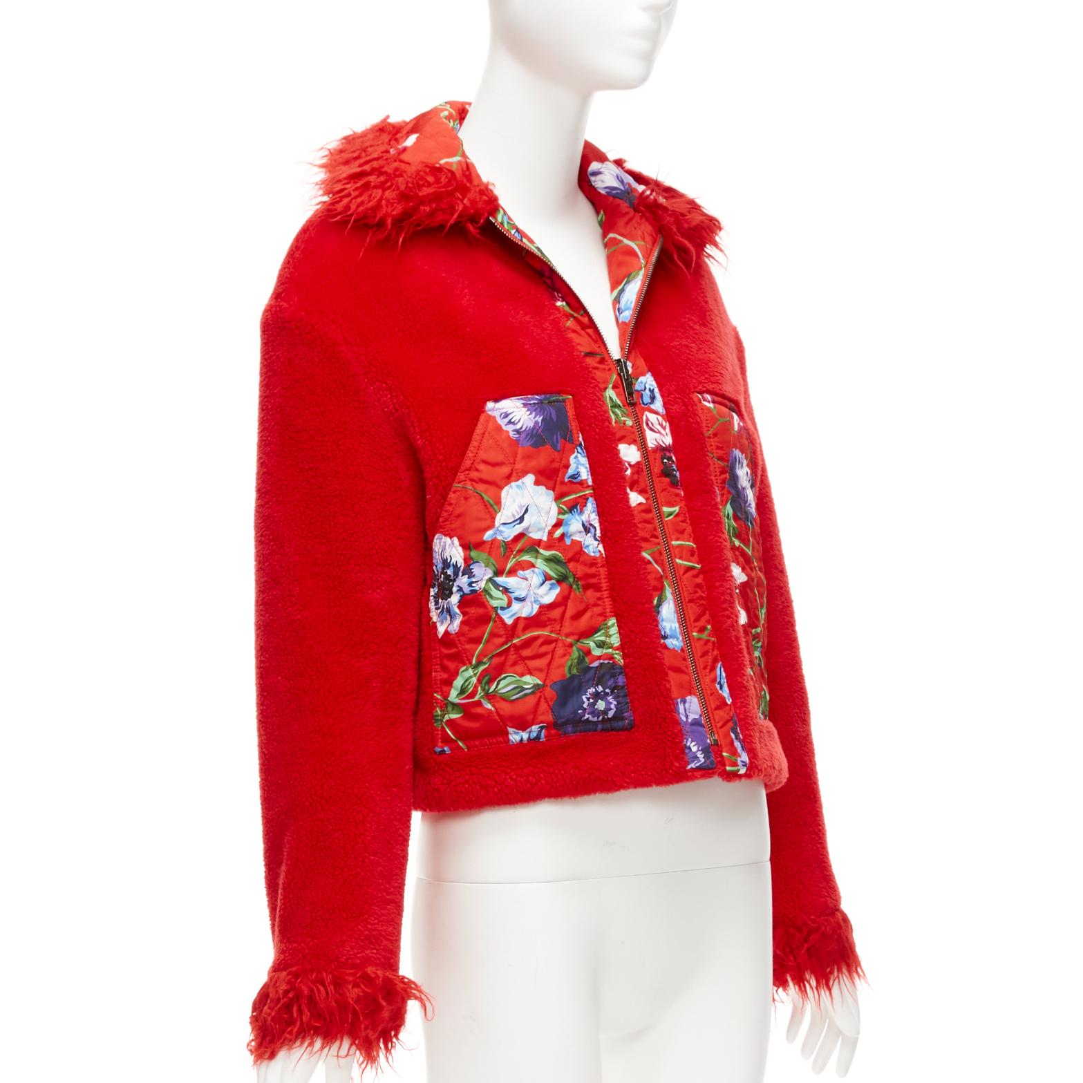 KENZO Memento reversible red purple flower print faux fur crop jacket FR34 XS For Sale 6