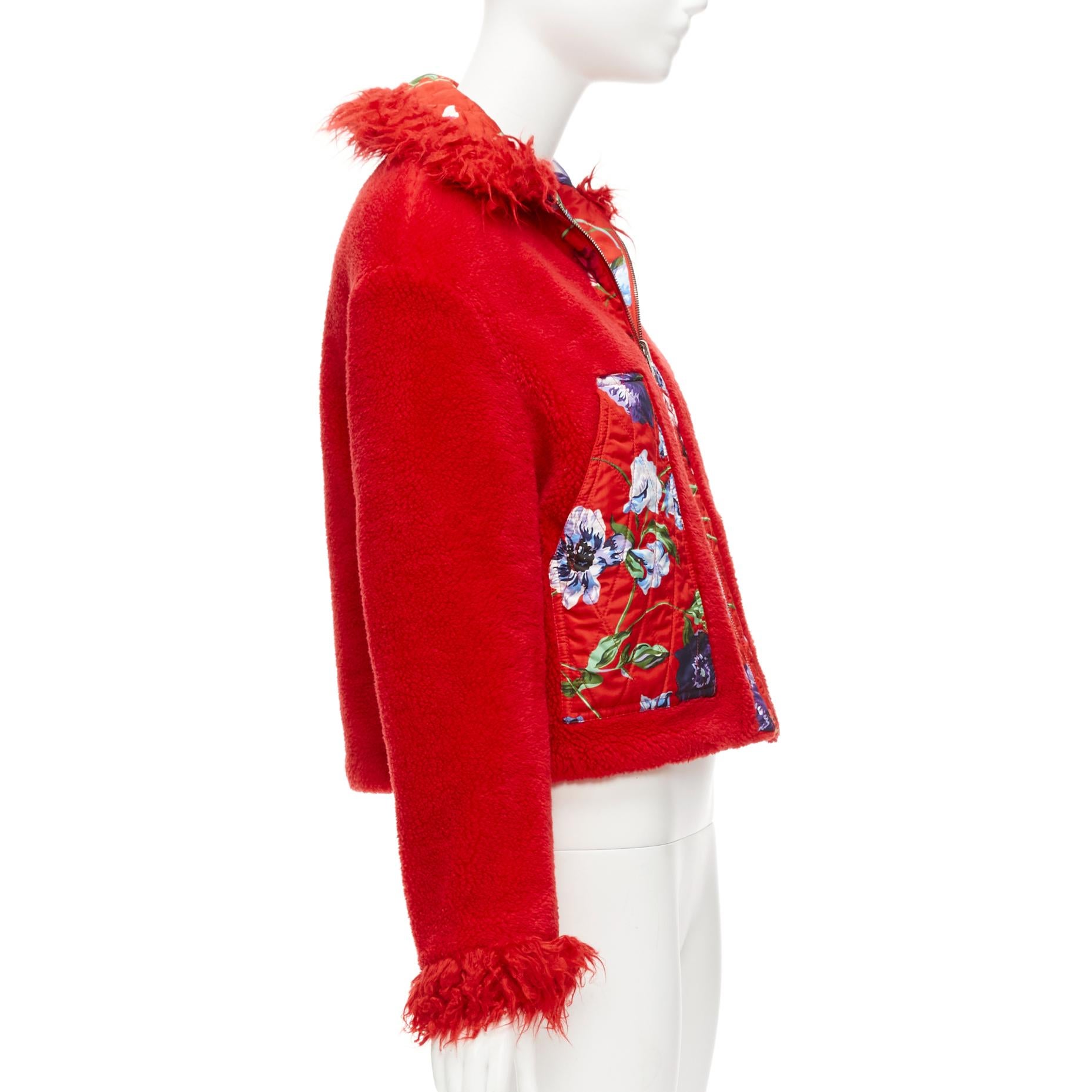 KENZO Memento reversible red purple flower print faux fur crop jacket FR34 XS For Sale 7