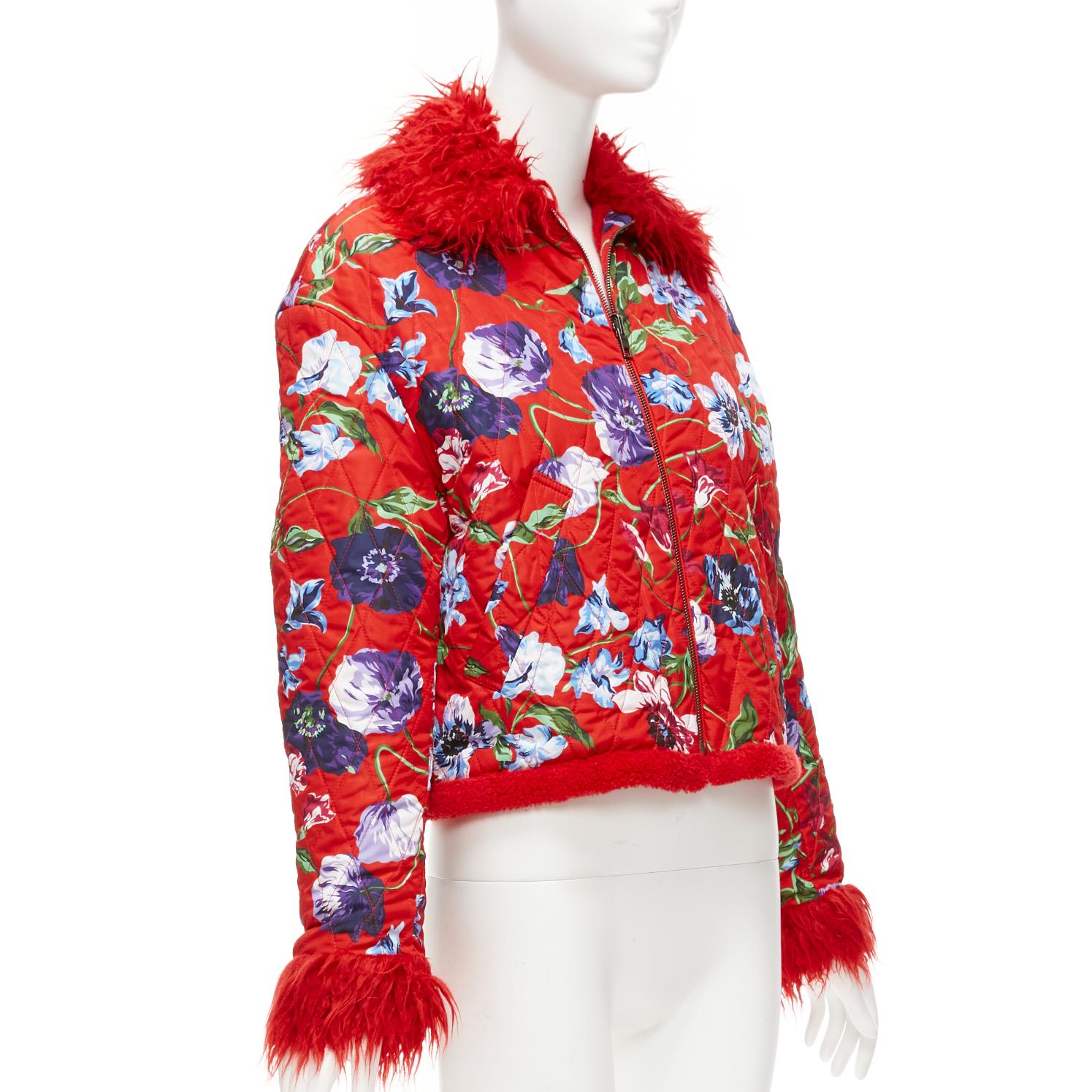 Women's KENZO Memento reversible red purple flower print faux fur crop jacket FR34 XS For Sale