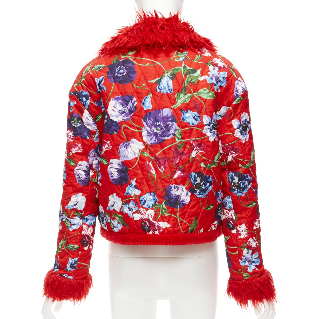 KENZO Memento reversible red purple flower print faux fur crop jacket FR34 XS For Sale 2