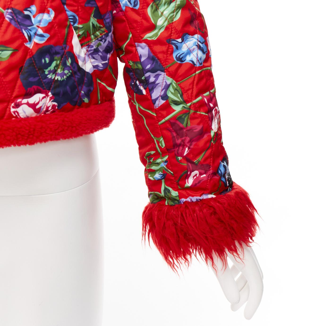 KENZO Memento reversible red purple flower print faux fur crop jacket FR34 XS For Sale 4