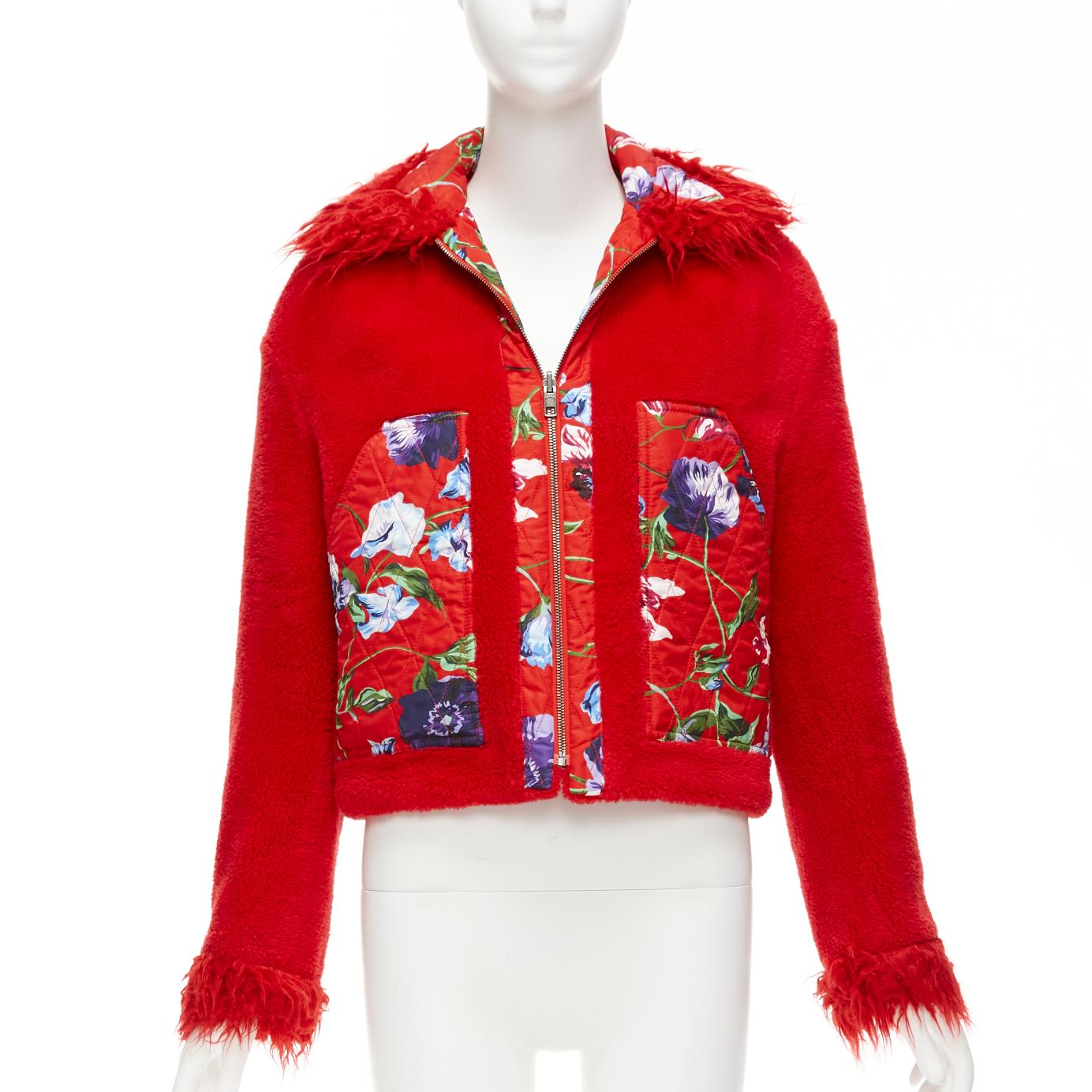 KENZO Memento reversible red purple flower print faux fur crop jacket FR34 XS For Sale 5
