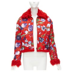 KENZO Memento reversible red purple flower print faux fur crop jacket FR34 XS