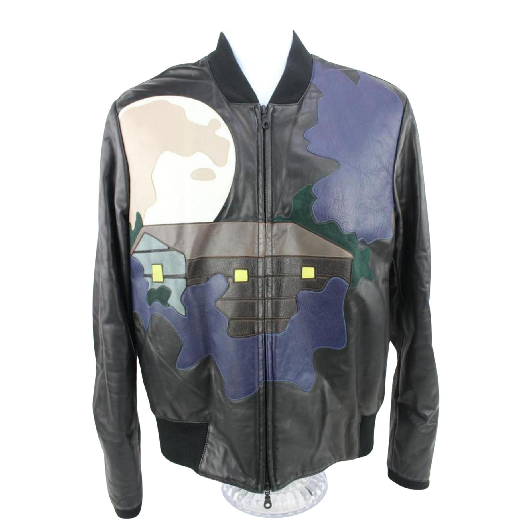 Kenzo Men's Large Limited Black Leather Moon Patch Jacket 124k17