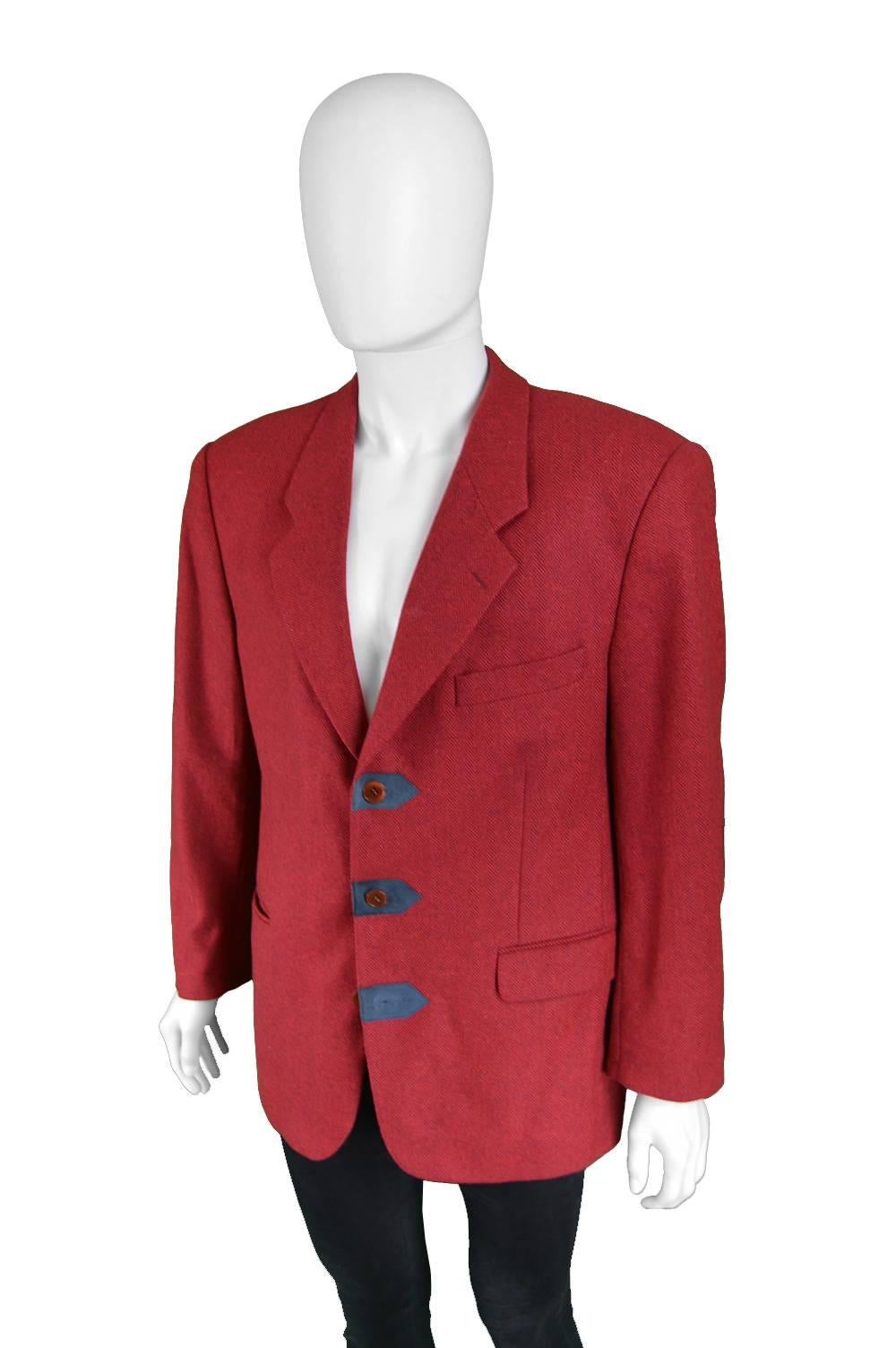 Kenzo Mens Vintage Red Suede Trim Blazer In Excellent Condition In Doncaster, South Yorkshire