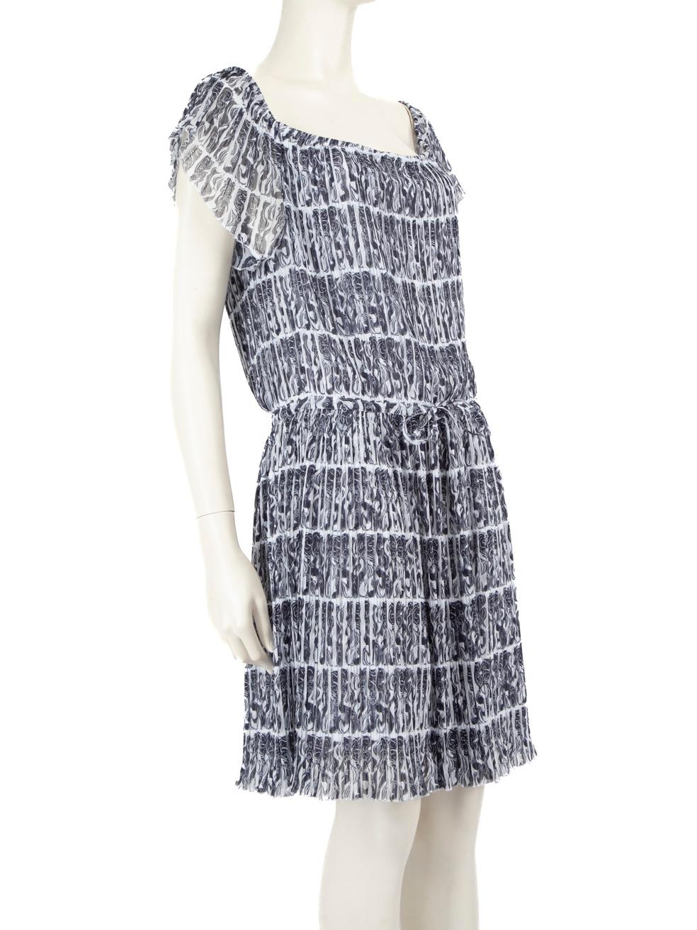 CONDITION is Never worn, with tags. No visible wear to dress is evident on this new Kenzo designer resale item.
 Details
 Multicolour: Navy and White
 Polyester
 Dress
 Mini
 Off the shoulder
 Short sleeves
 Mermaid pattern
 Pleated
 Round neck
