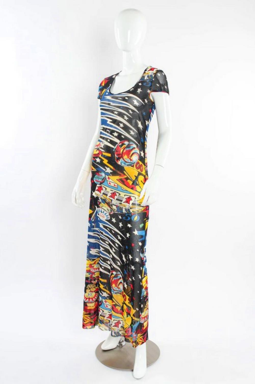 Kenzo Mesh Transparent Comic Space Pinball Casino Sheer Tattoo Y2K Maxi Dress In Excellent Condition For Sale In PARIS, FR