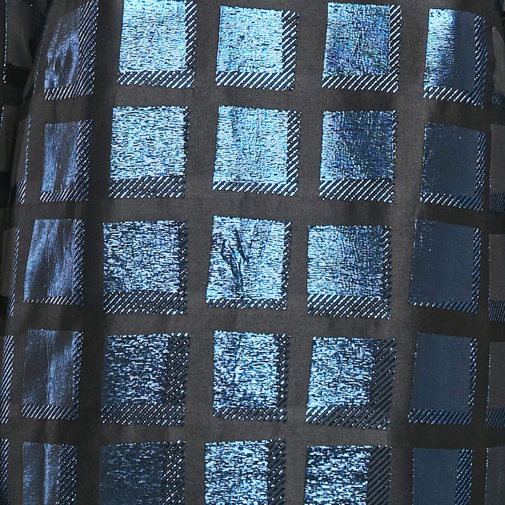 Kenzo Metallic Blue/Black Square Jacquard V-Neck Shift Dress L In New Condition For Sale In Dubai, Al Qouz 2