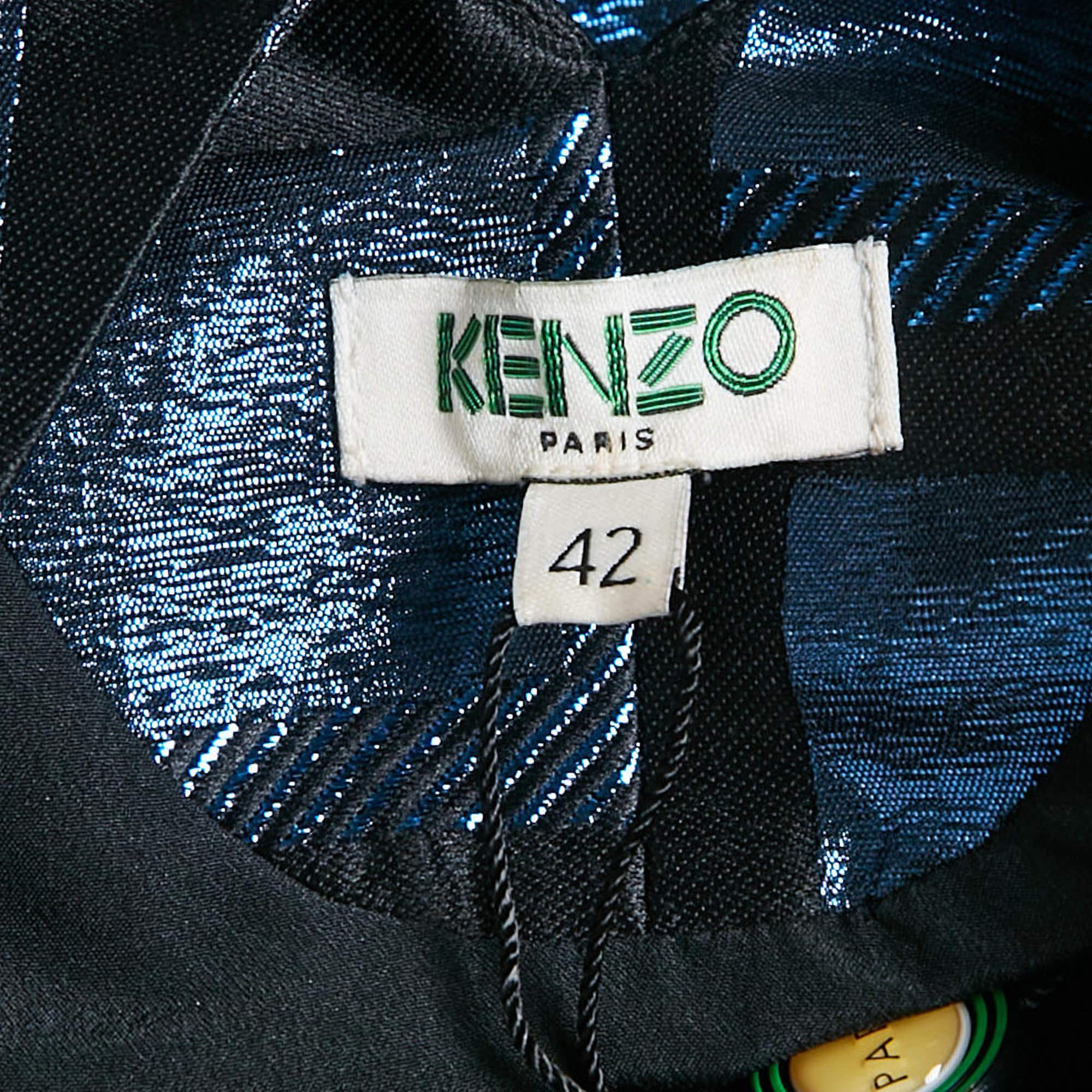 Women's Kenzo Metallic Blue/Black Square Jacquard V-Neck Shift Dress L For Sale