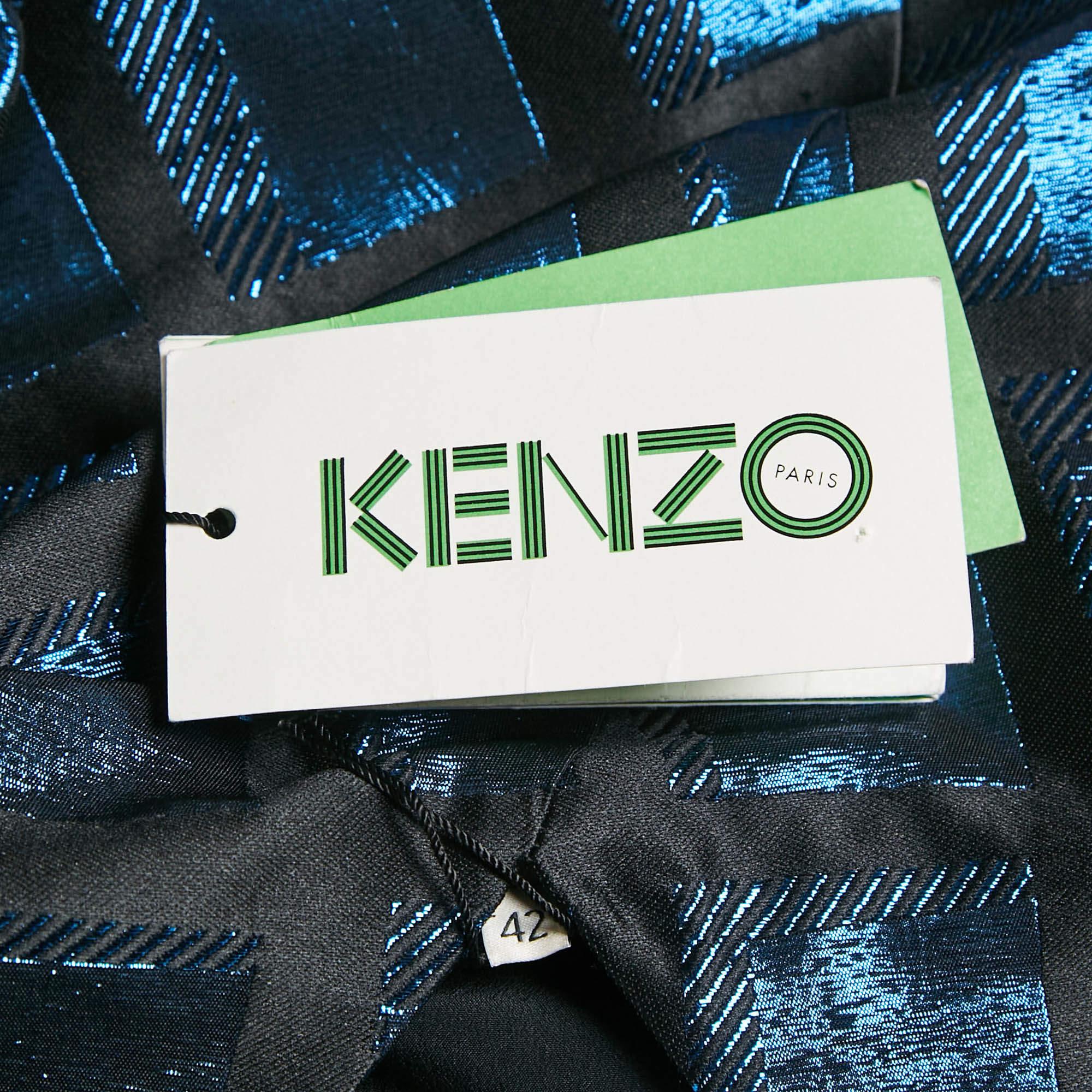 Kenzo Metallic Blue/Black Square Jacquard V-Neck Shift Dress L For Sale 1