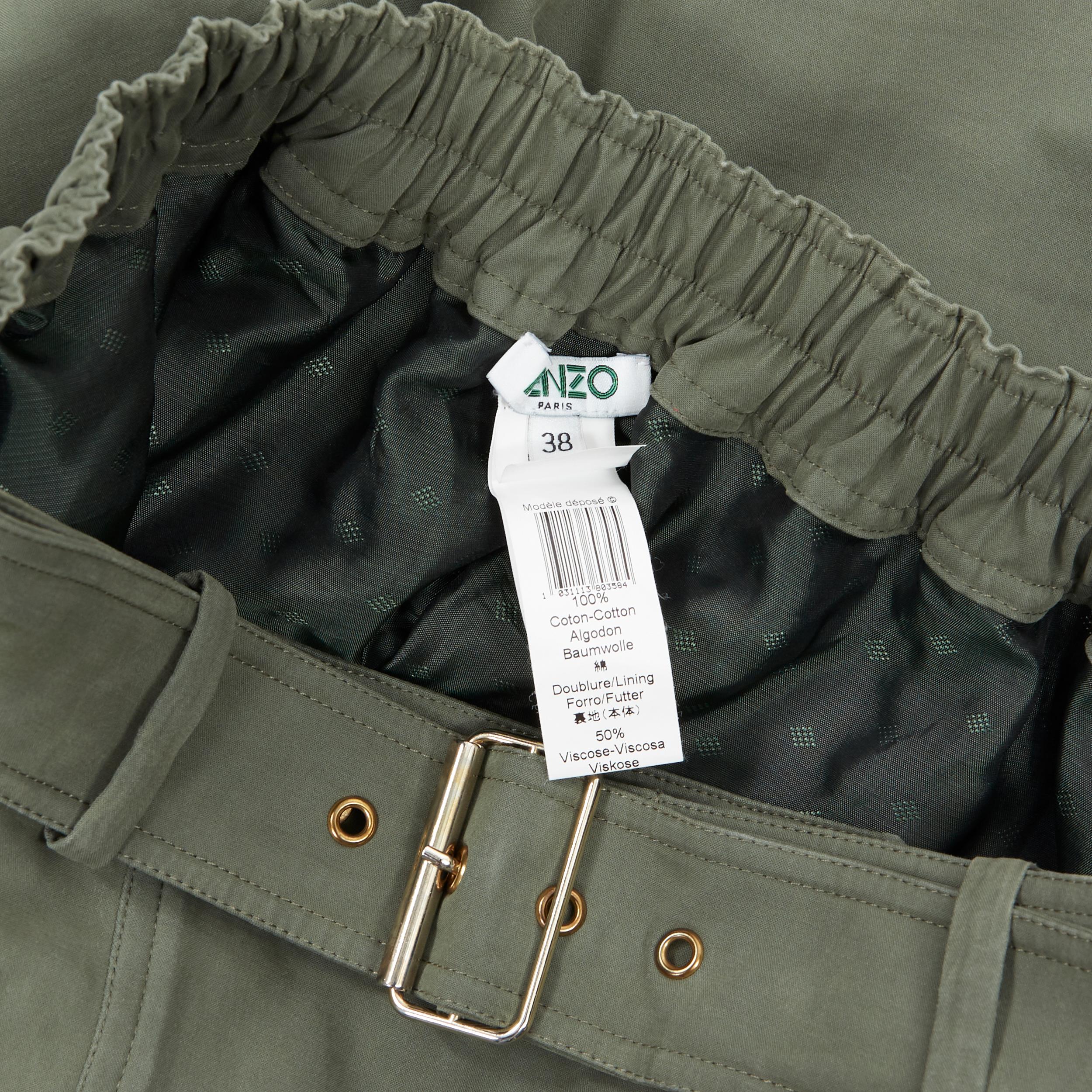 KENZO military khaki green cotton dual pockets belted elasticated skirt Fr38 For Sale 5